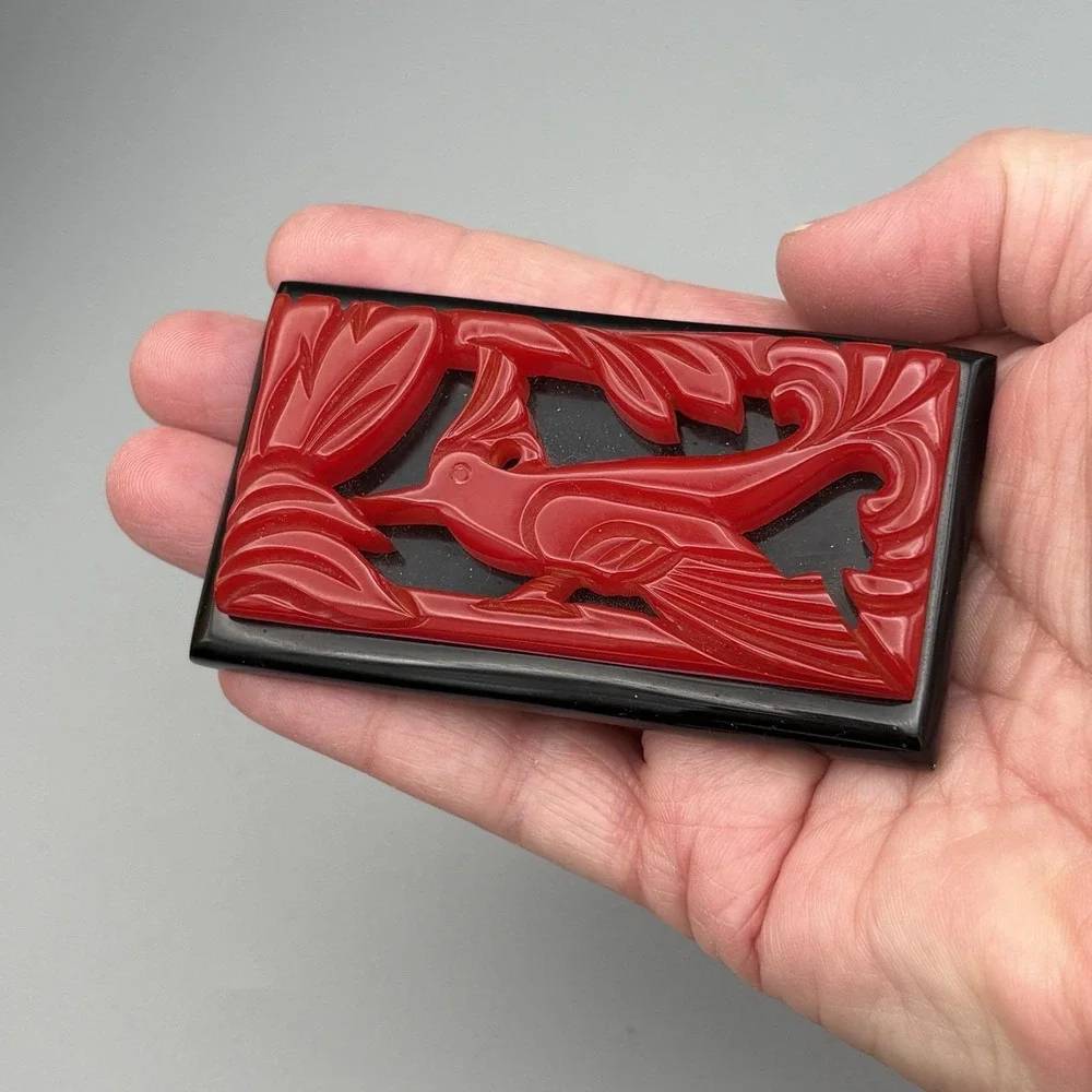 Vintage Carved Red Bakelite Brooch Bird Red Black Laminated Chunky Gorgeous!